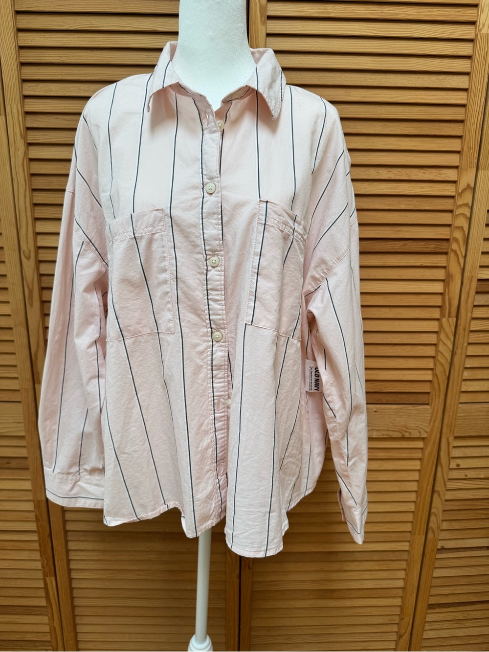 NWT Old Navy Striped Utility Boyfriend Shirt Pink Blue Size XL Preppy CasualChic